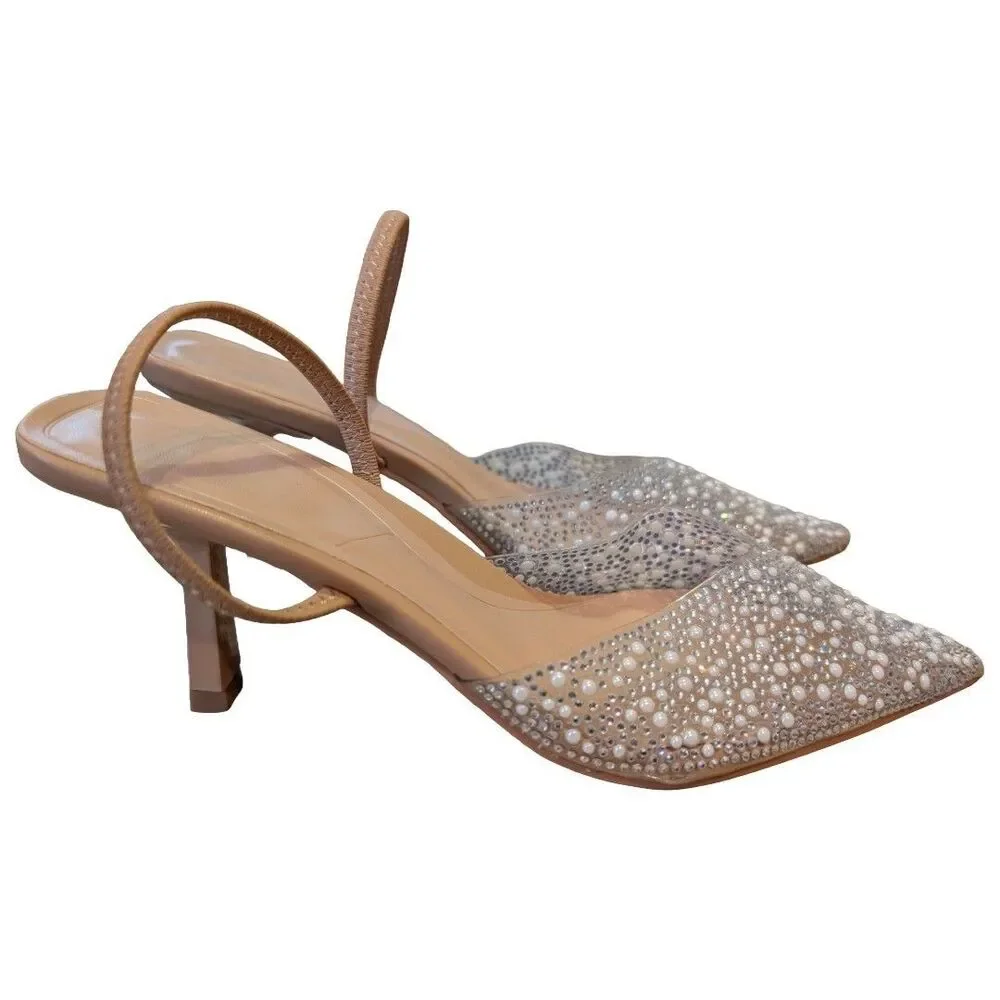 BAISOILIHA Women's Clear Slingback Heels Size 37 Pearl Rhinestone Stiletto
